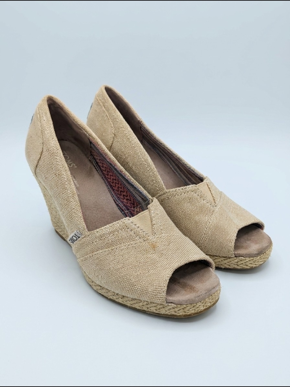 Toms Natural Beige Canvas Peep-Toe‎ Wedge Espadrilles